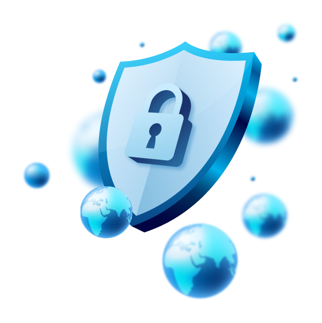 Shield with padlock symbolizing global cybersecurity protection.